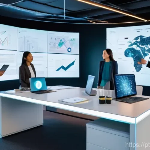 기술 스택의 전략적 접근법 - **Prompt:** A diverse team of six tech professionals (three men, three women, various ethnicities, a...