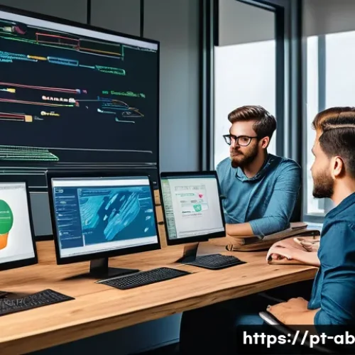 가장 인기 있는 기술 스택의 특징 - A vibrant office scene showing a diverse team of software developers collaborating around a large sc...