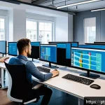 Home 19 기술 스택의 필요성과 필수 요소 - A modern office environment showing a diverse team of professionals collaborating around multiple la...