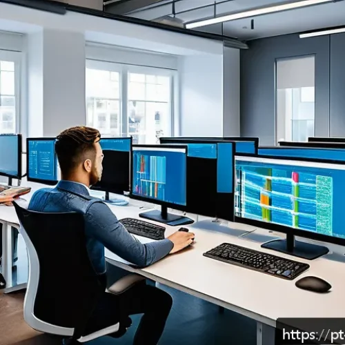 Home 31 기술 스택의 필요성과 필수 요소 - A modern office environment showing a diverse team of professionals collaborating around multiple la...