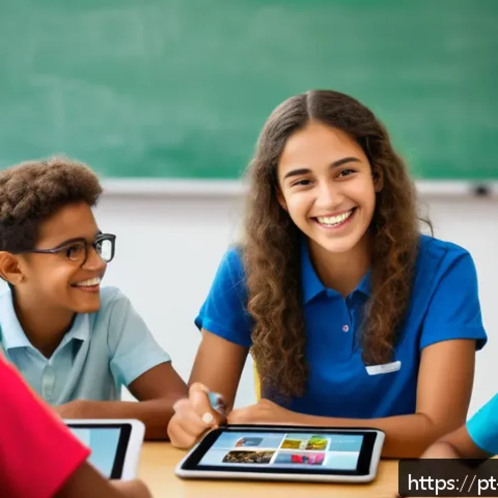 기술 스택의 교육적 활용 방안 - A vibrant classroom scene showing diverse Brazilian students aged around 12-15 engaged in a gamified...