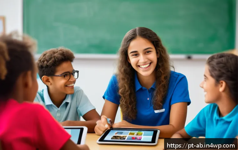 기술 스택의 교육적 활용 방안 - A vibrant classroom scene showing diverse Brazilian students aged around 12-15 engaged in a gamified...
