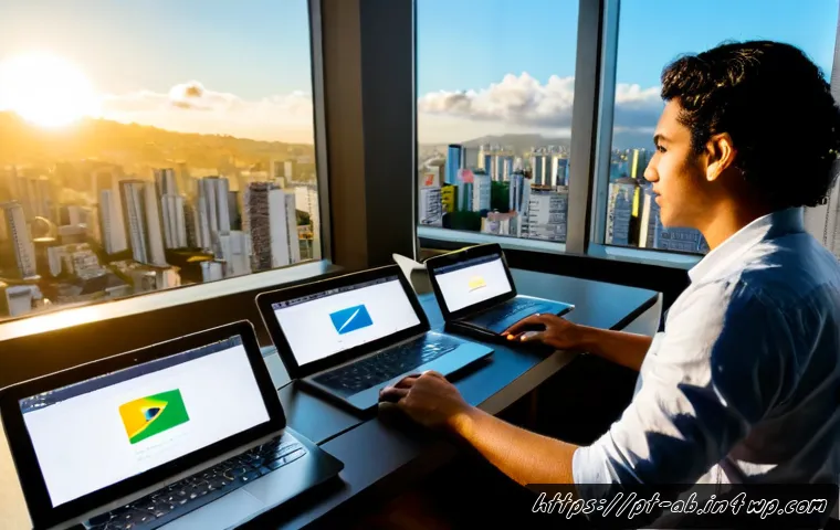 Home 17 트렌드 기반 기술 스택 예시 - Photorealistic modern technology workspace in São Paulo, Brazil, showing a diverse Brazilian softwar...